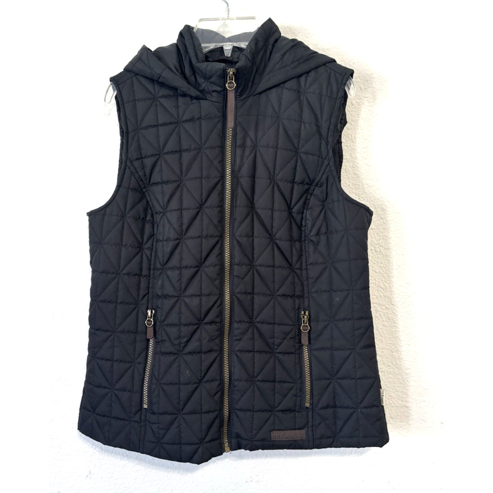 Bass Quilted Hooded Vest Black Zip Front Outdoor‎ Layer Pockets Size Small